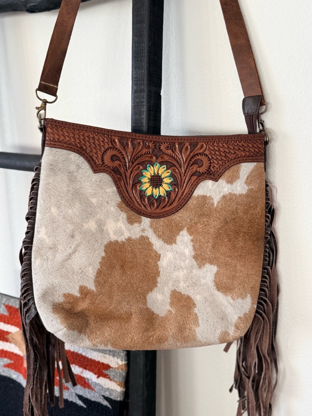 NWT Brown and White cowhide Fringed Leather Bag